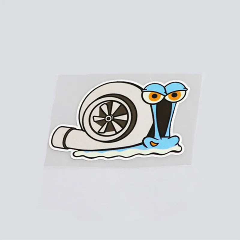 White reflective snail car sticker measuring 12x8cm with cartoon printing on bumper