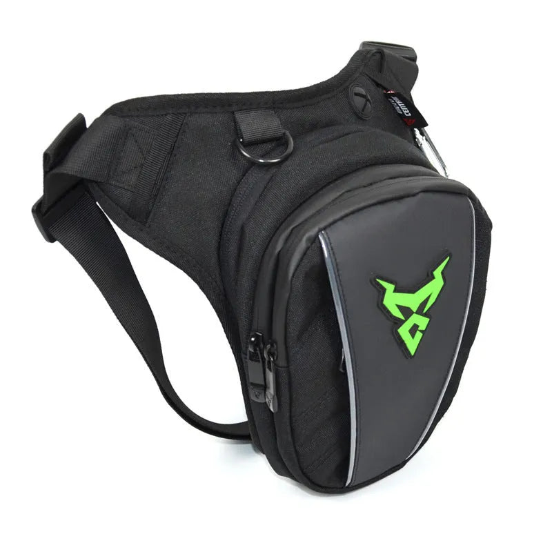 Motorcycle leg bag in 1200D Oxford cloth, shown in one of four colours: red, blue, green, or grey.
