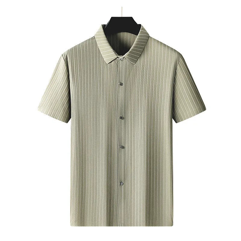 Plus size man wearing black striped casual shirt with square collar and loose fit design