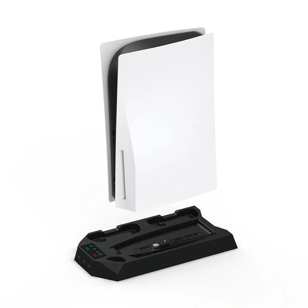 PS5 charging base radiator in black and white showing controller storage slots and cooling design