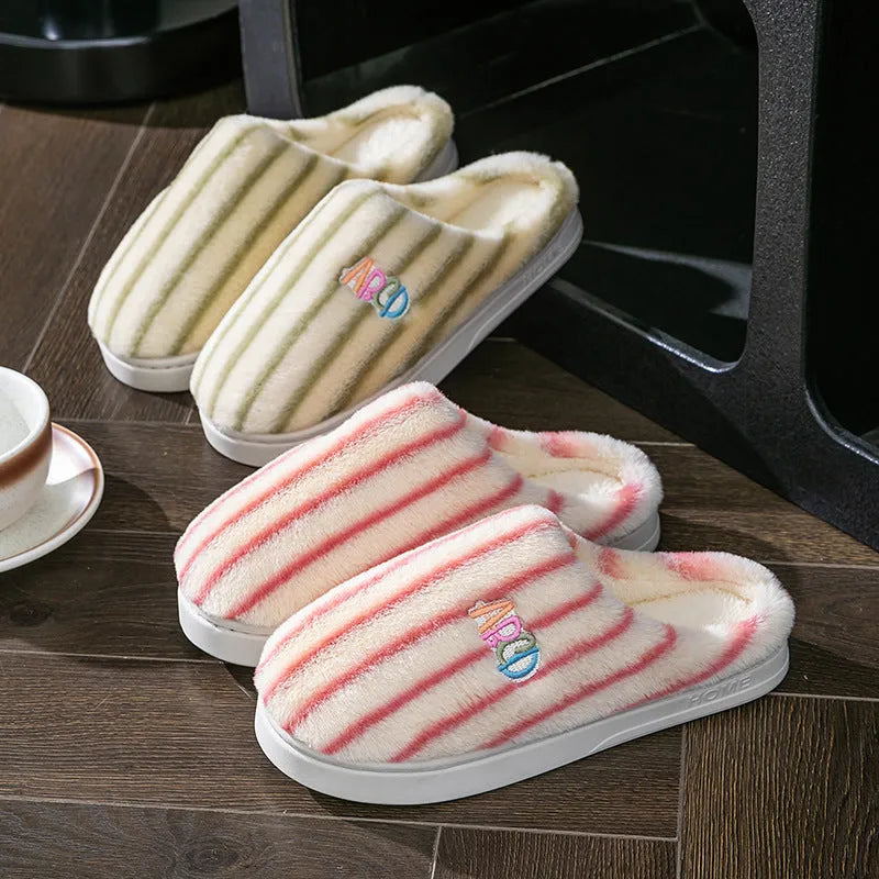 Vertical plush soft cotton slippers for men women in pink with plastic sole