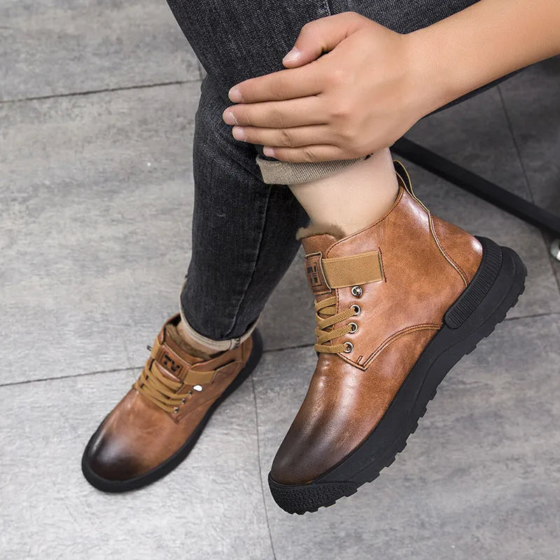 Black high-top platform Martin Boots for men with velvet finish and rubber sole.