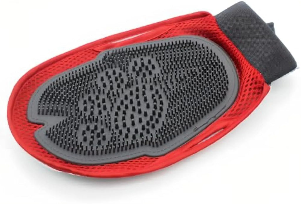 Red pet bathing glove with integrated brush bristles for washing and grooming dogs or cats
