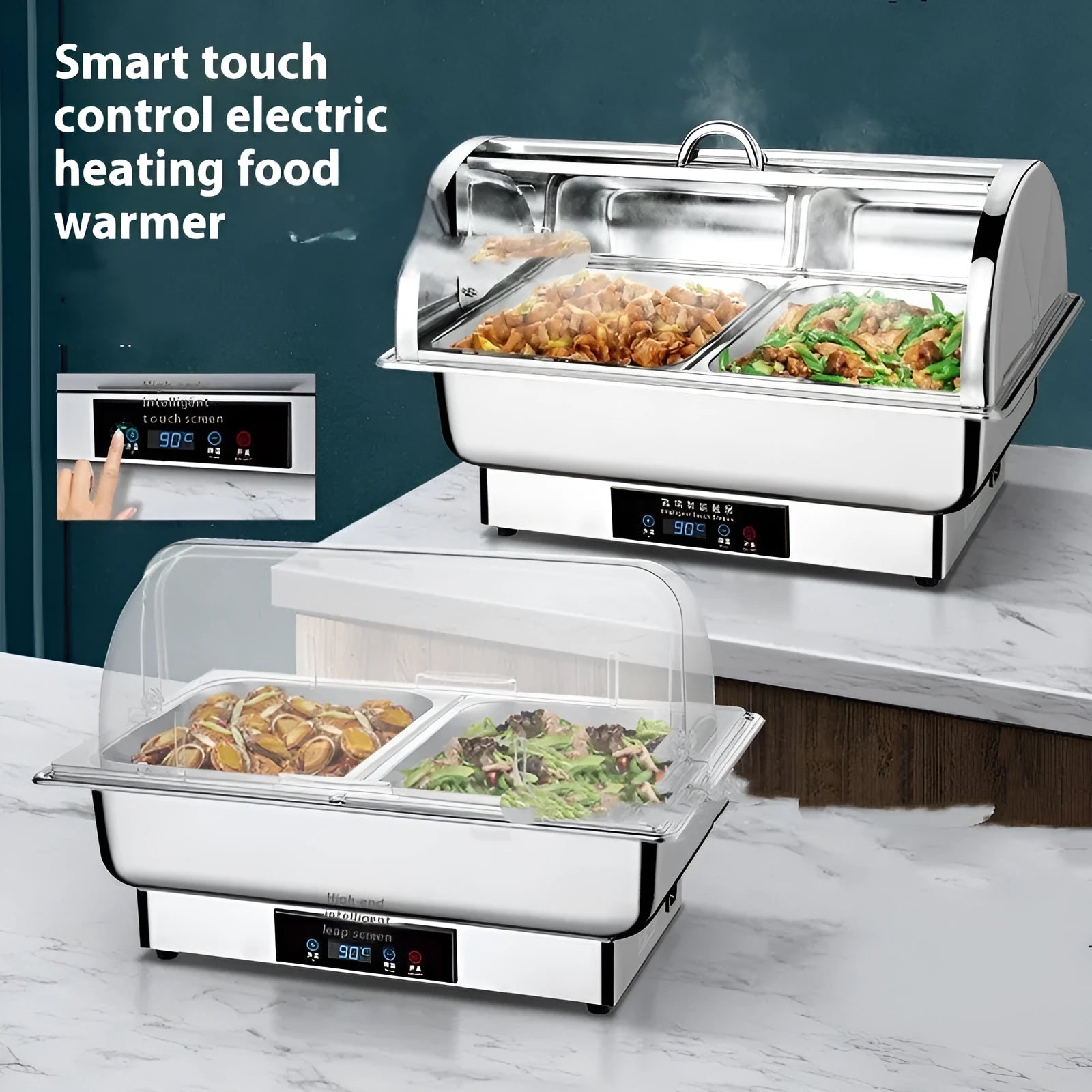Stainless steel electric buffet stove with a transparent flip lid and LCD control screen.