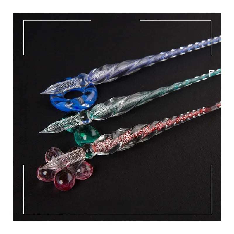 Crystal glass pen with coloured glaze dip art decoration showing transparent ink chamber