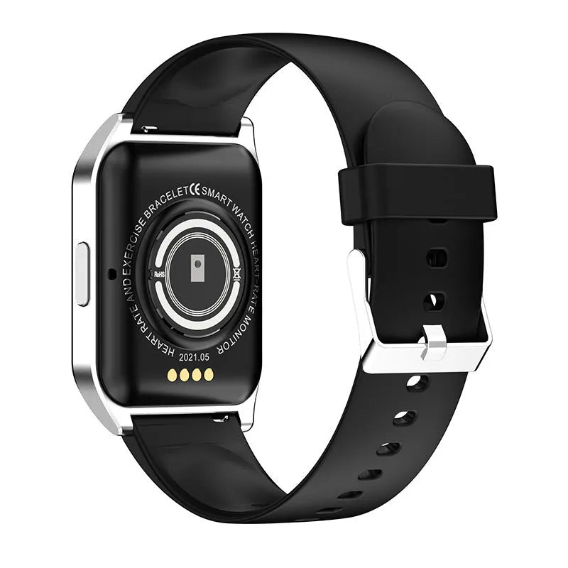 Black smart watch with 1.69-inch touchscreen display showing heart rate monitoring interface