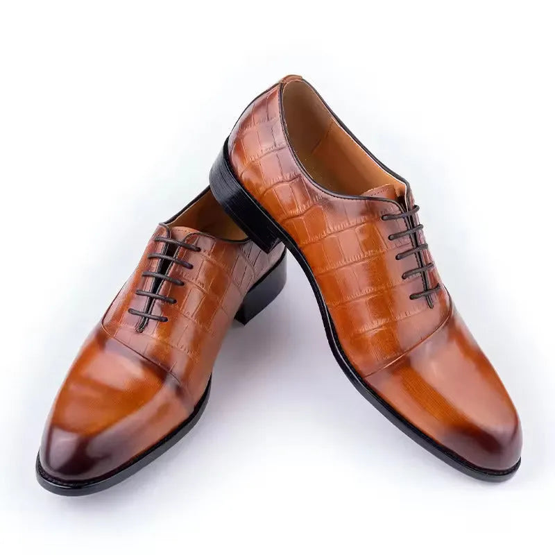 Men's handmade cowhide leather pointed toe dress shoes in brown and black
