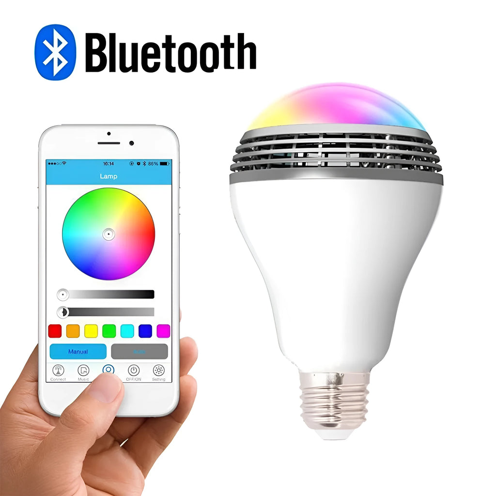 E27 LED smart bulb with Bluetooth speaker, showing multi-colour RGB lighting and dimensions of 100mm by 150mm.