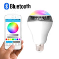 E27 LED smart bulb with Bluetooth speaker, showing multi-colour RGB lighting and dimensions of 100mm by 150mm.