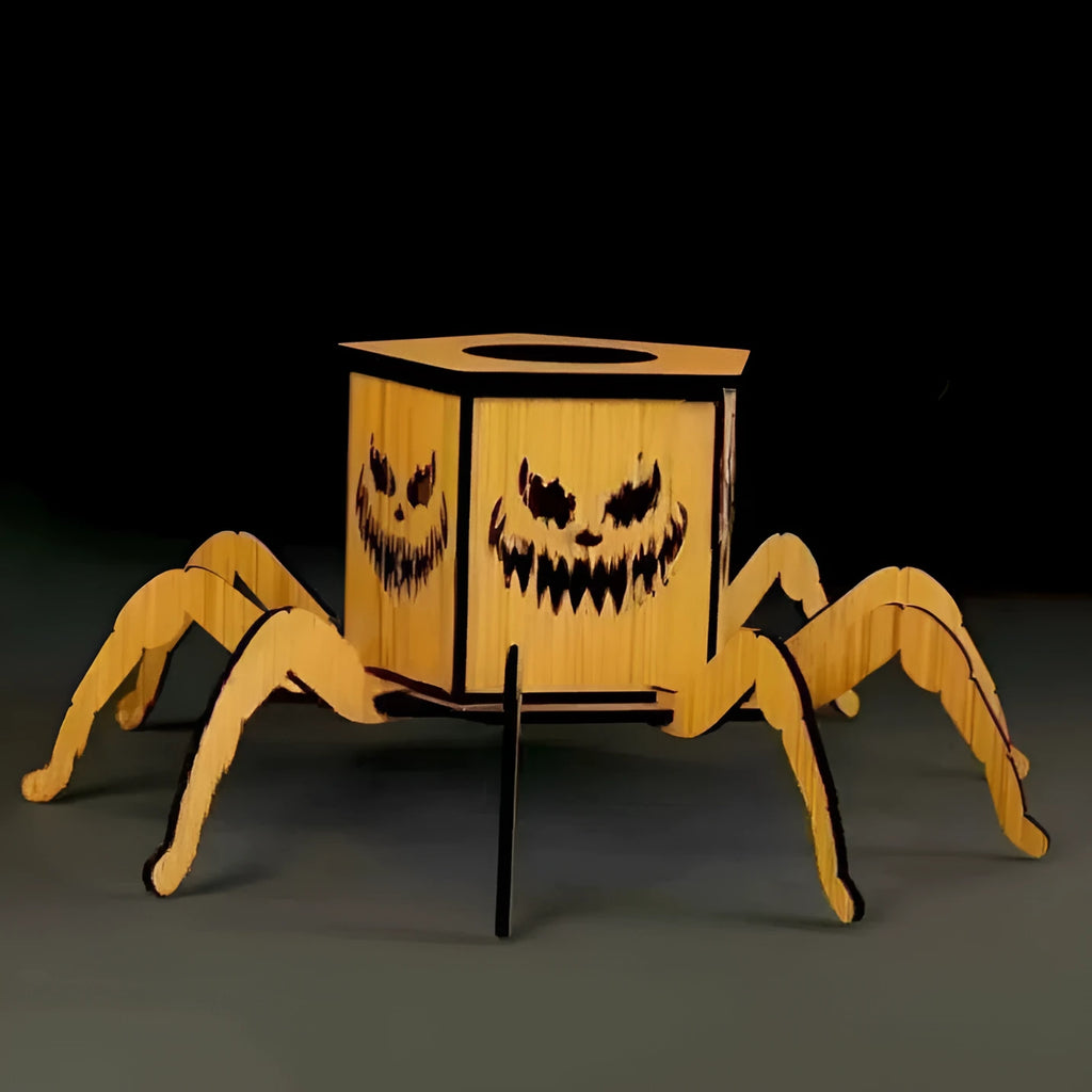 Wooden Halloween spider lantern candlestick decoration measuring 21cm tall