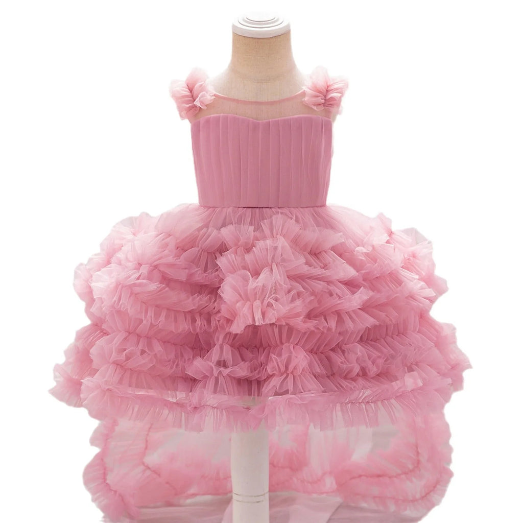 New children's sleeveless mesh long dress in bean pink colour trueran fabric
