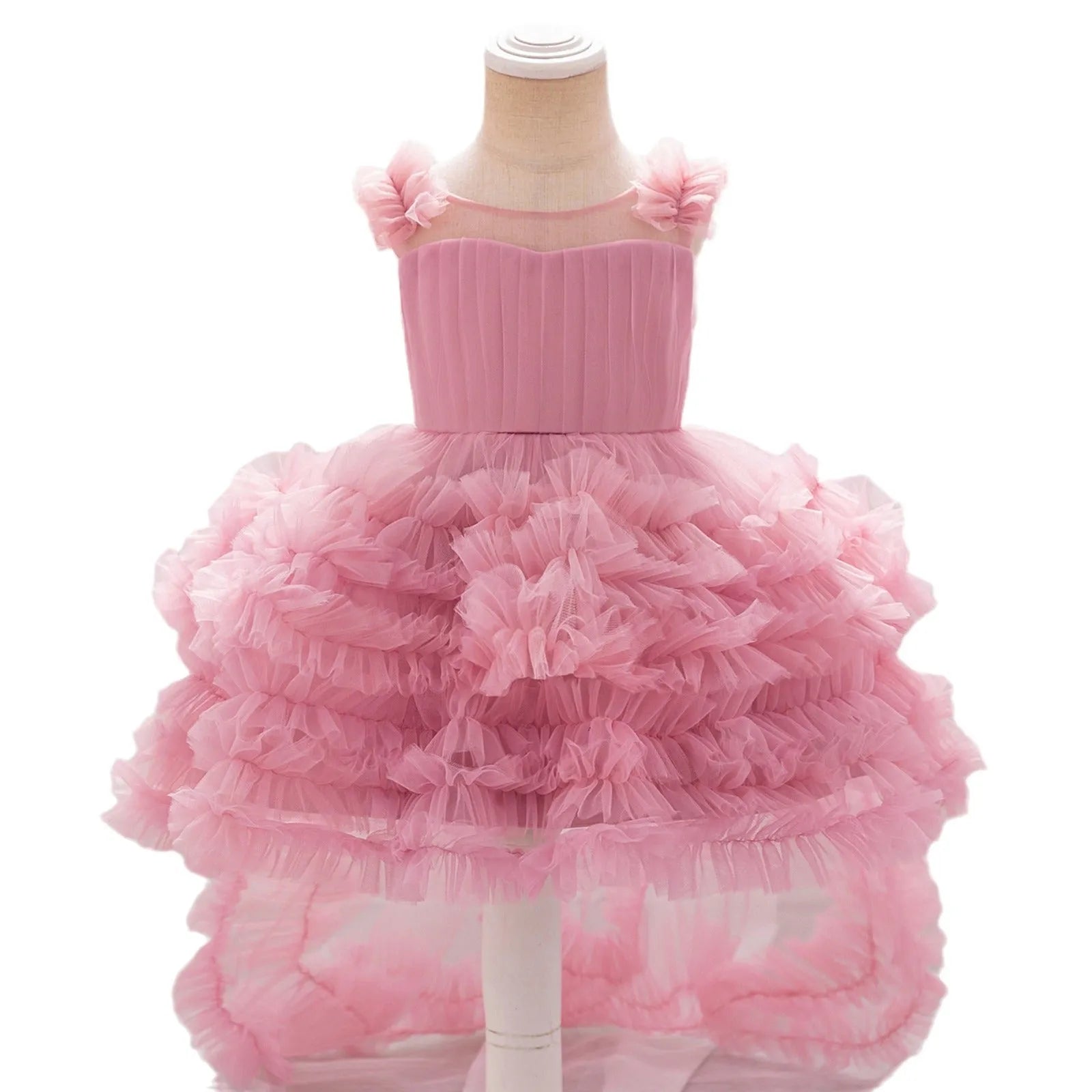 New children's sleeveless mesh long dress in bean pink colour trueran fabric
