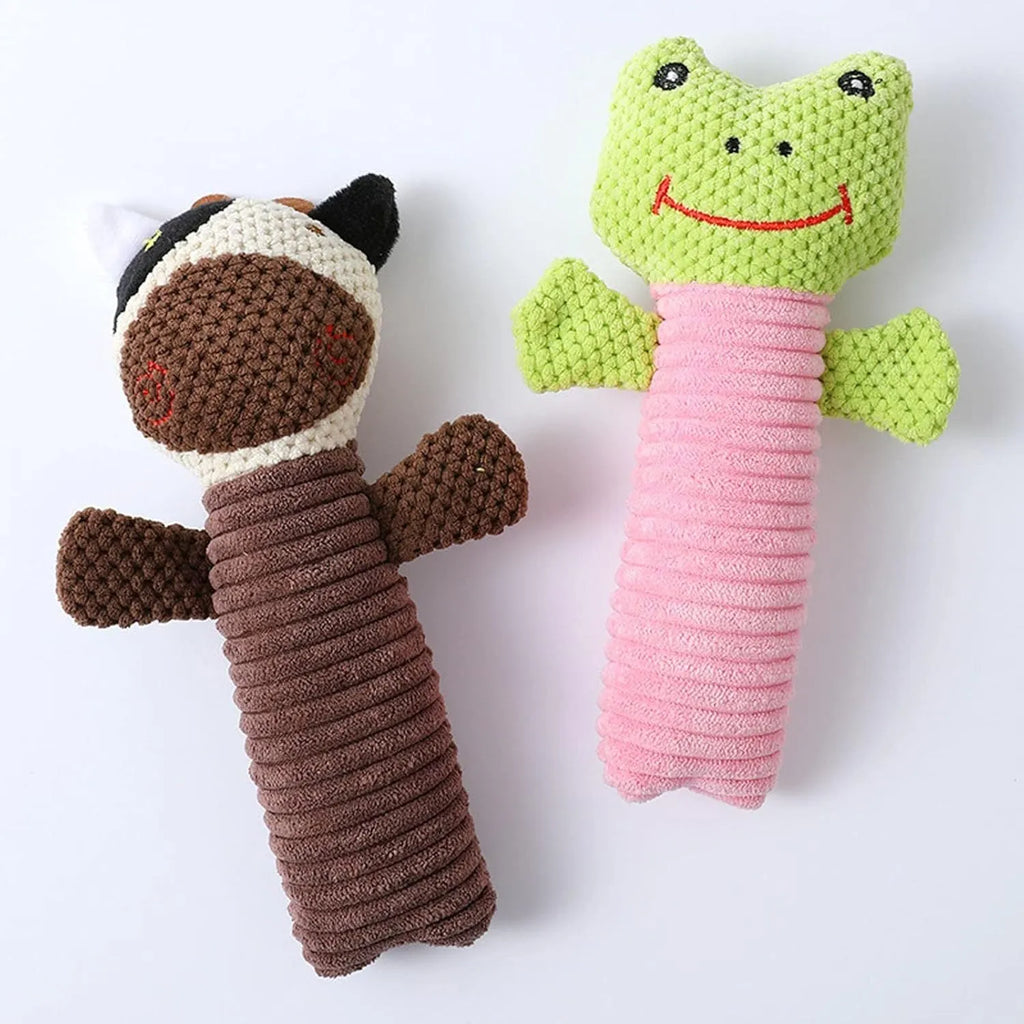 Squeaky stuffed dog chew toy in animal shape for dental cleaning and play