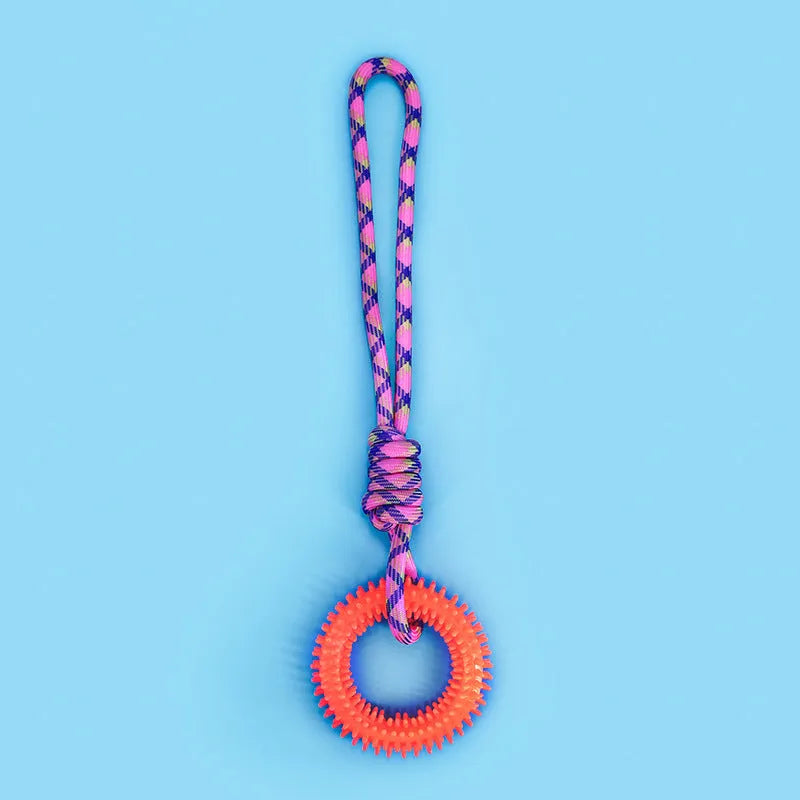 Blue, red, and rose red braided rope puppy knot dog toy showing knotted design