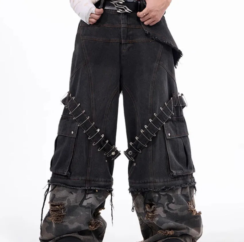 Men's grey cotton jeans with camouflage pattern splicing and pin ribbon details on legs