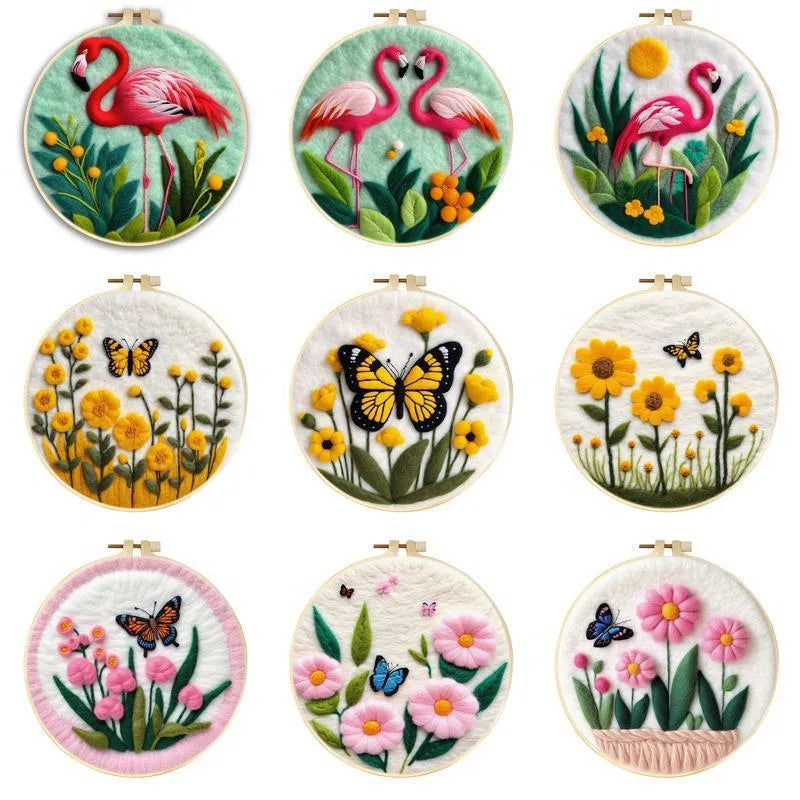 Wool felt embroidery kit with linen fabric, embroidery frame, and floral pattern for three-dimensional blanket painting
