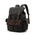 Retro-style army green canvas backpack with antique bronze hardware, shown closed.