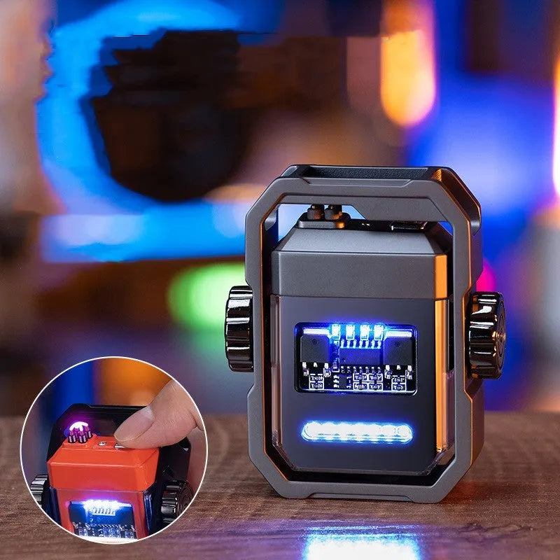Pulse windproof double arc electric lighter with mechanical rotary gyroscope in folded position