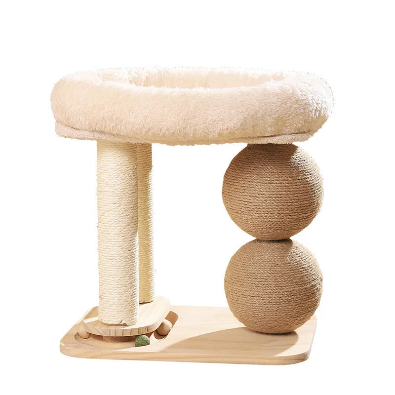 Pine wood cat nest with attached grasping balls in sisal style finish