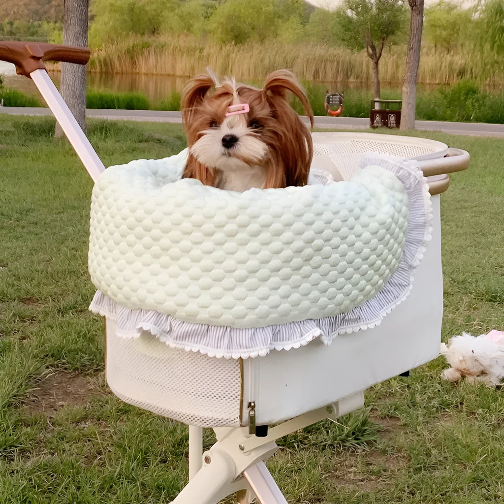 Removable pure cotton pet stroller set showing anti-dirty towel, cushion, and pillow in a floral pattern.