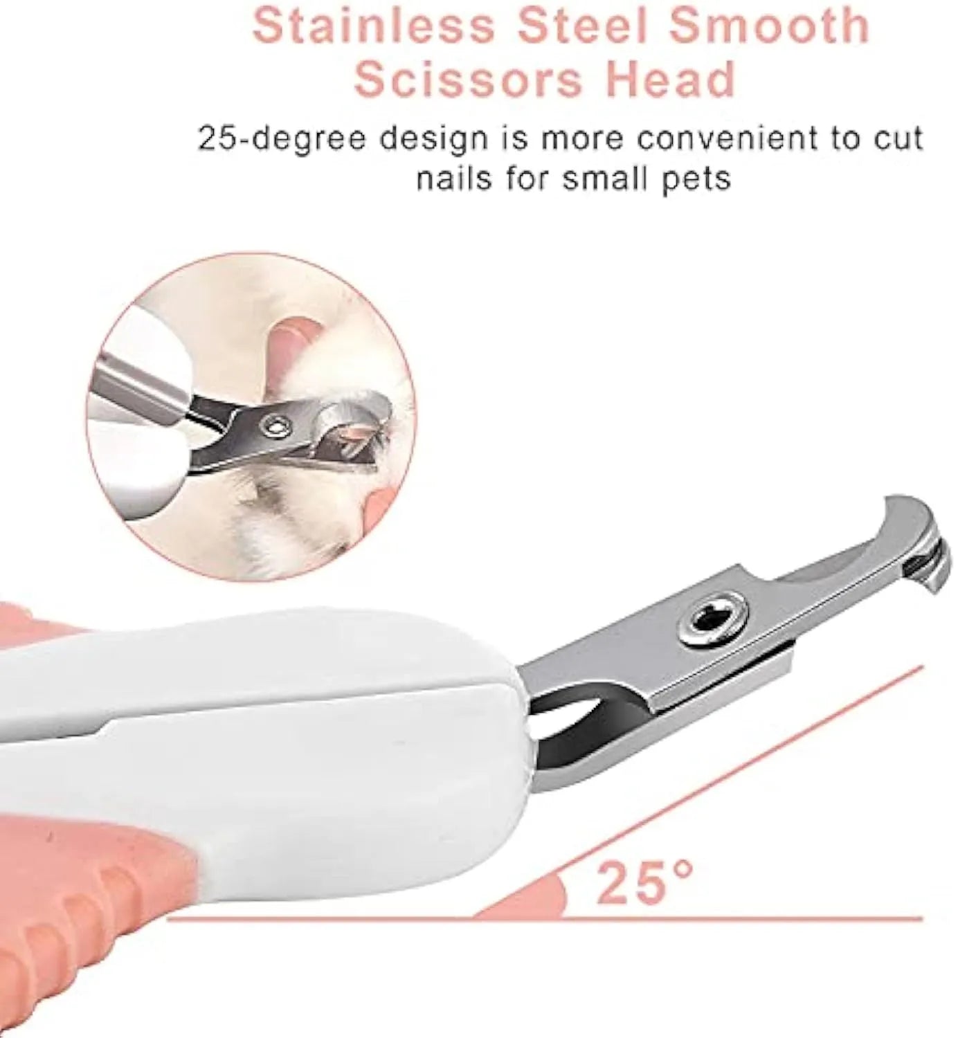 Grey and pink angled cat nail clippers with safety guard for small pets