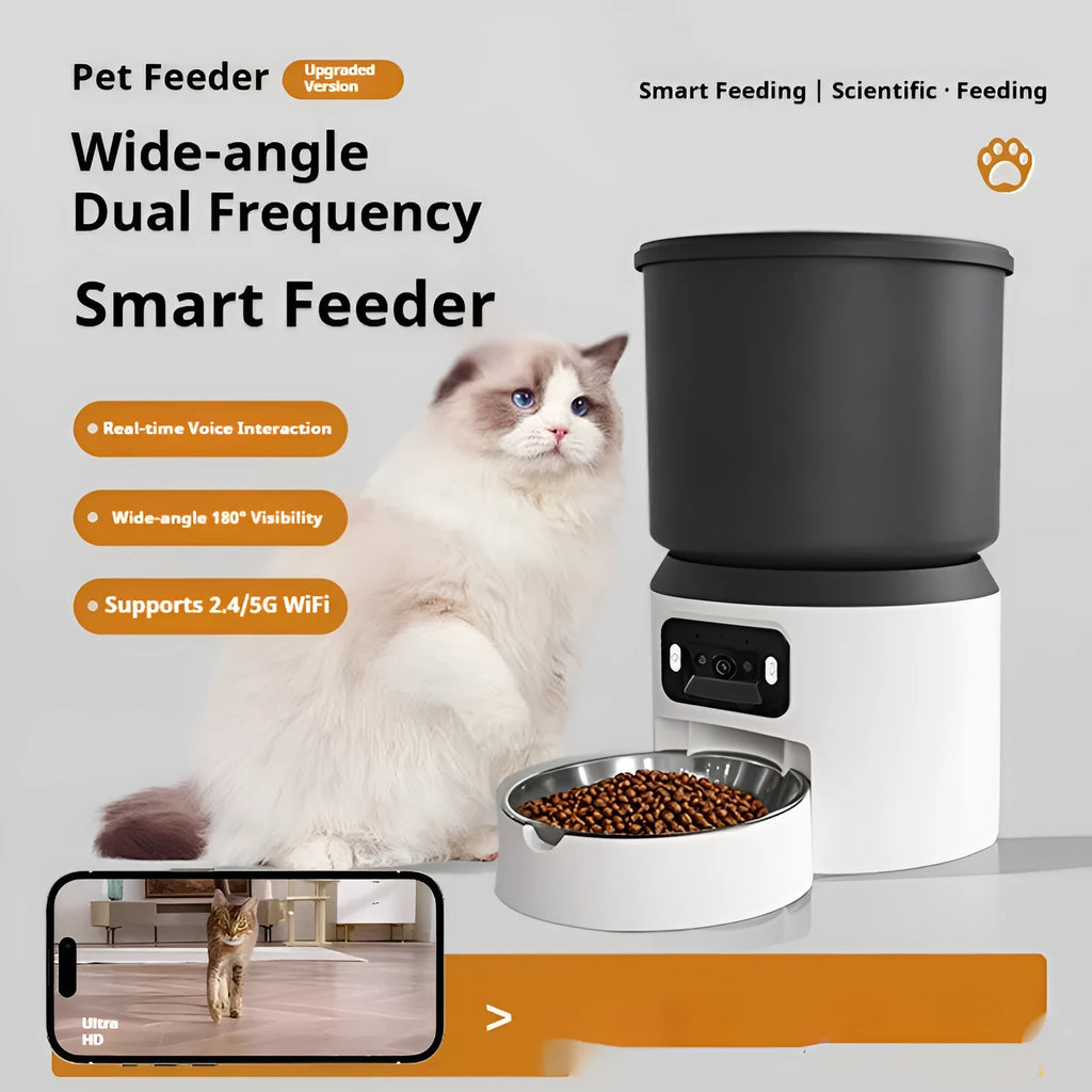 4L smart pet feeder with camera and stainless steel bowl for cats and dogs