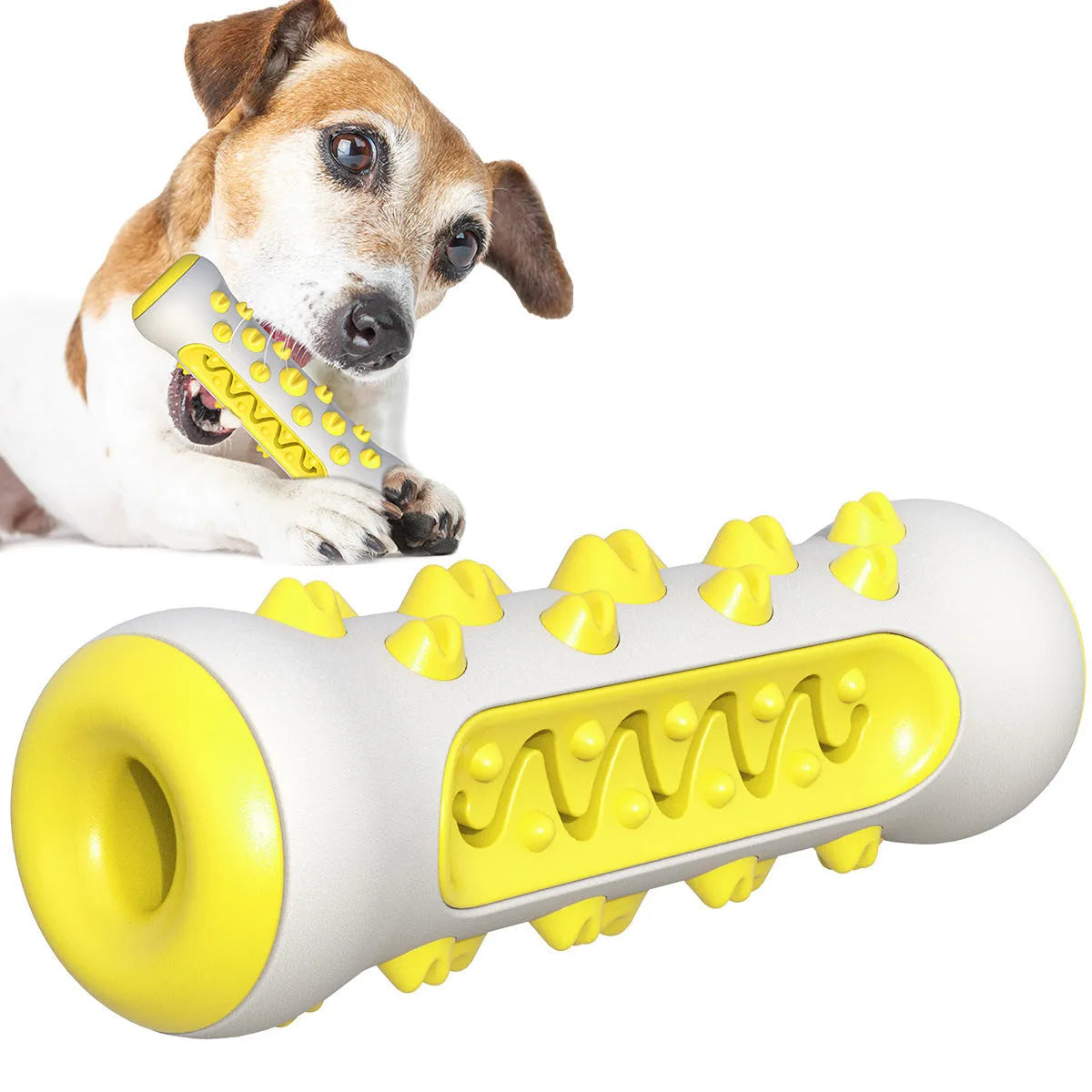 Natural rubber dog toothbrush chew toy in blue, showing textured surfaces and measuring 15 cm long.