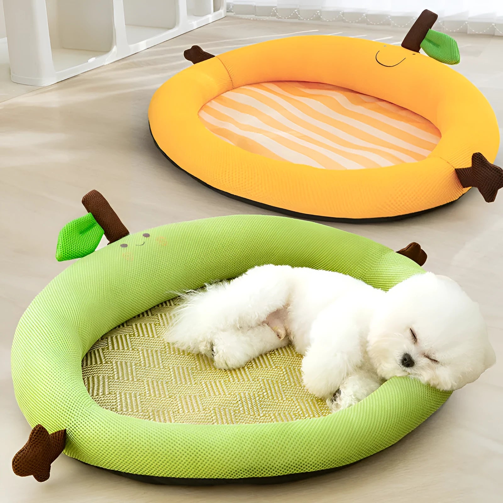 Green and yellow pet cooling mat with nest design backrest showing four size options for dogs and cats