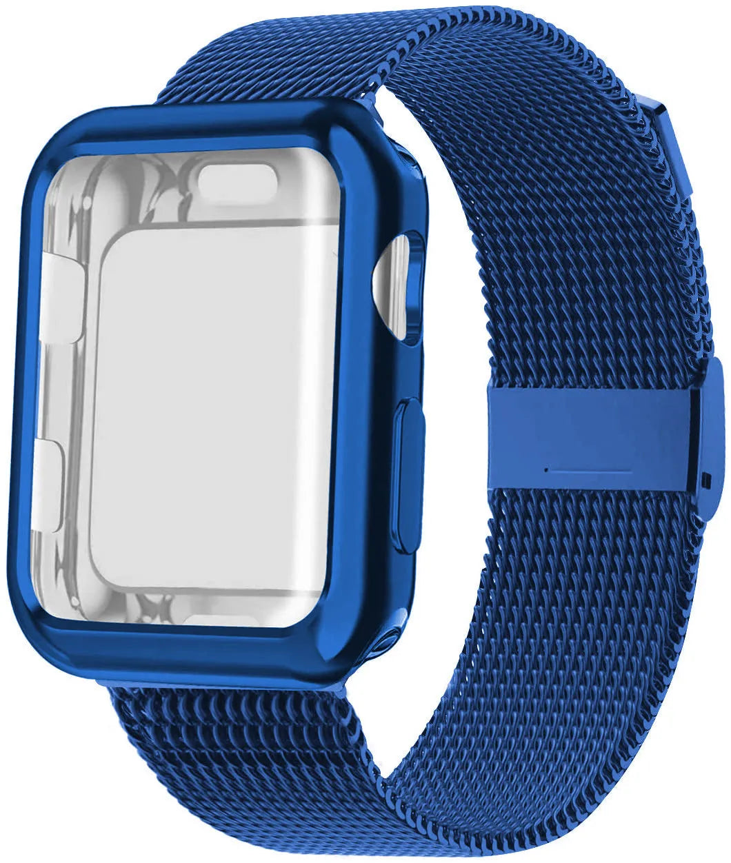 Magnetic Milanese metal strap for Apple Watch in various colours on a watch case