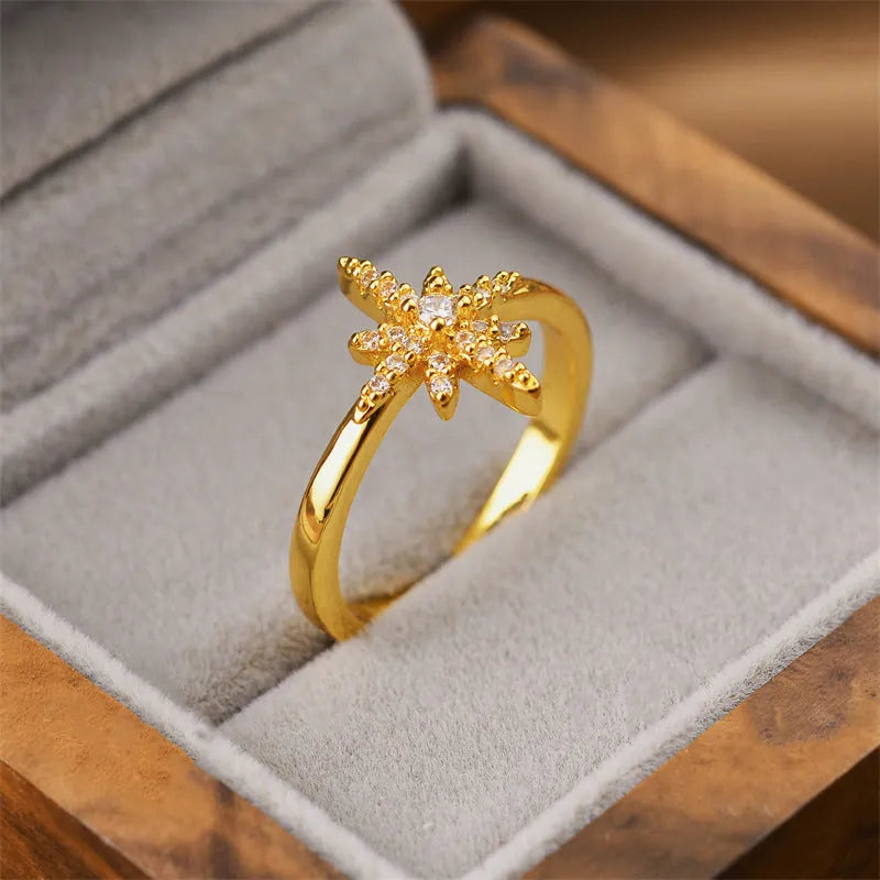 Women's open geometric fashion ring in electroplated gold colour on a copper base.