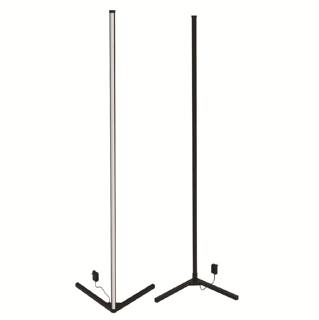 Black smart floor lamp with aluminium body and silicone shade, featuring remote-controlled RGB lighting
