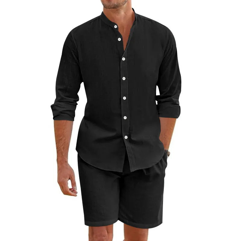 Men's dark grey hemp blend linen short sleeve shirt and drawstring shorts summer suit set