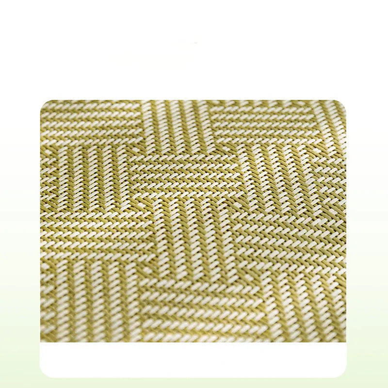 Green and yellow pet cooling mat with nest design backrest showing four size options for dogs and cats