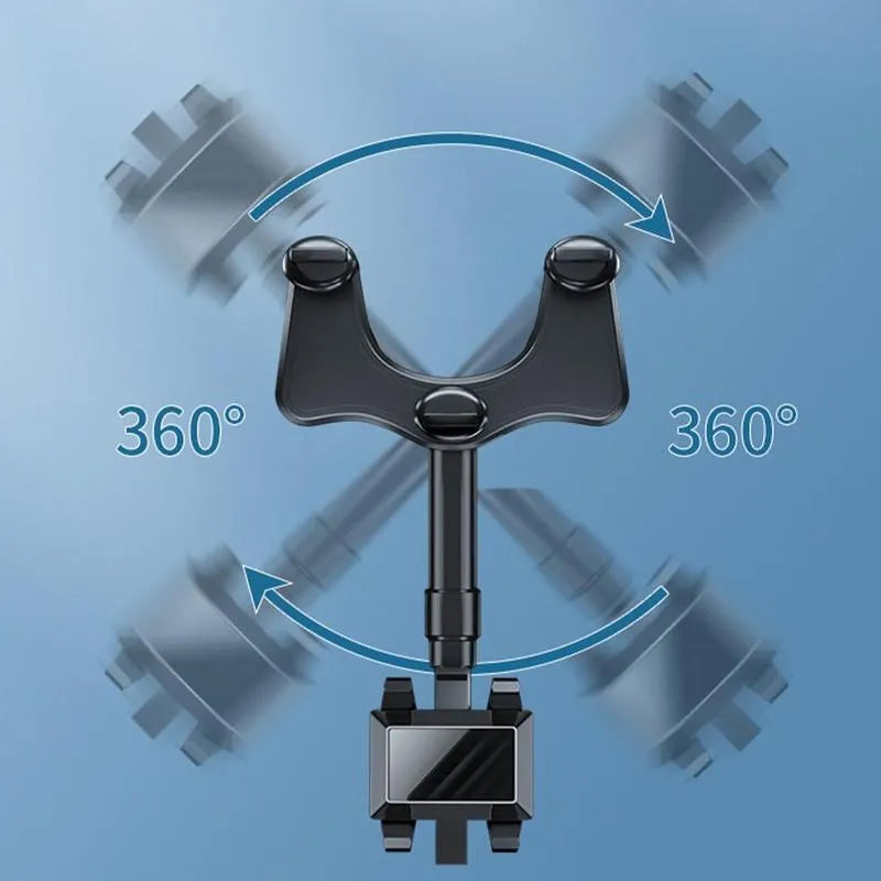 Black rearview mirror phone holder with 360 rotatable clamp and telescopic arm attached to car mirror