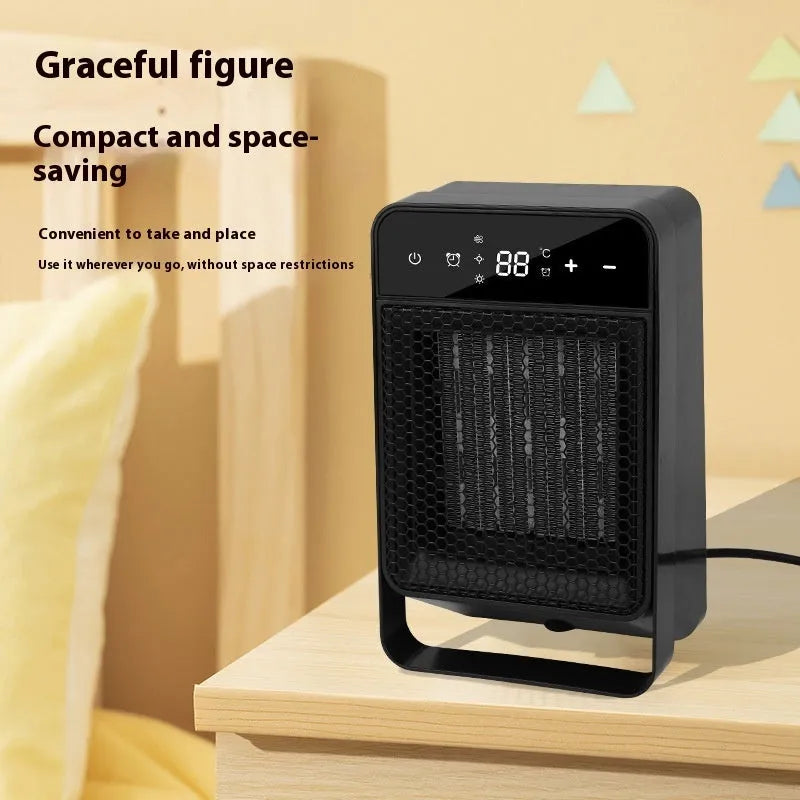 Desktop touch screen warm air blower heater with digital display and remote control in black or white colour