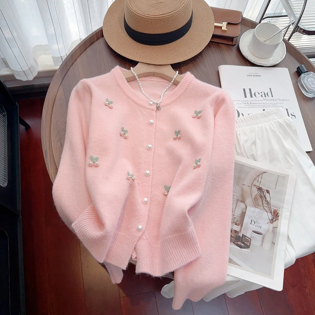 Cashmere cardigan sweater coat with beaded decoration in slim fit free size
