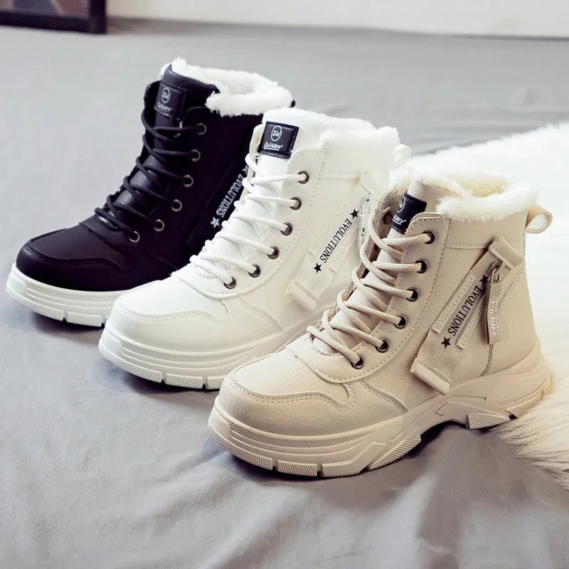 Plus size women's tall lace-up snow boots with fleece lining and a rubber sole.