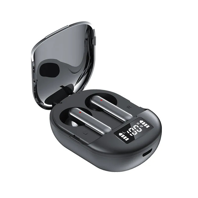 Wireless Bluetooth headset with charging bin showing digital display screen