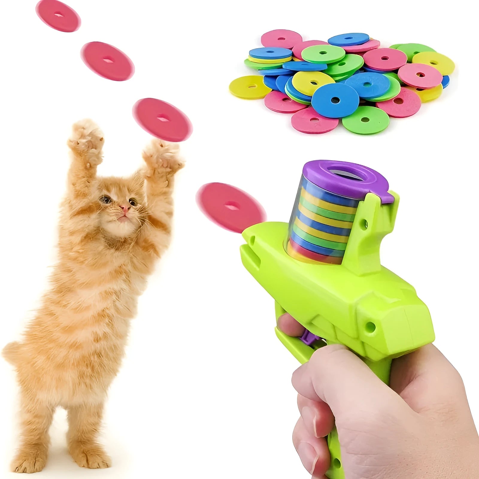 Interactive cat toy launcher in green or purple with foam discs for indoor play