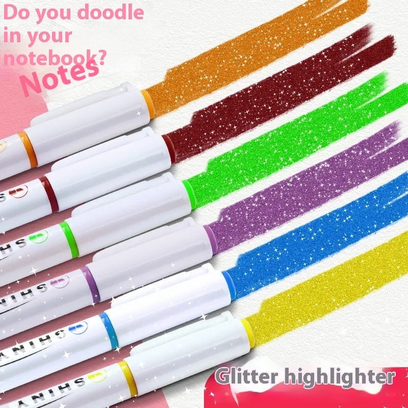 Set of four Star River glitter fluorescent highlighter pens with slanted tips in assorted glitter colours.