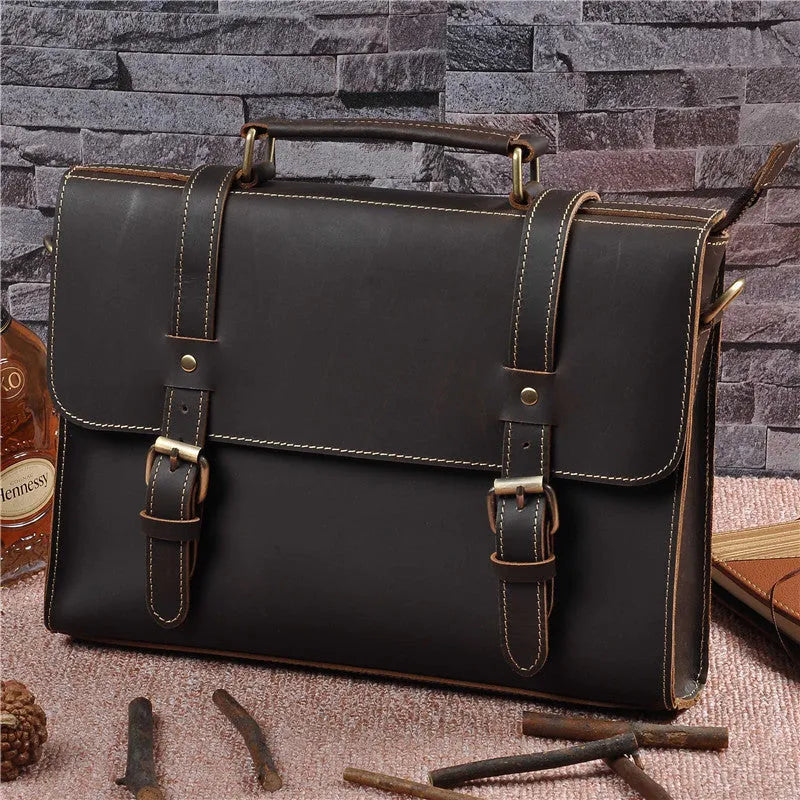 Men's genuine cowhide crazy horse leather handbag dark brown 13 inch with lock closure retro style