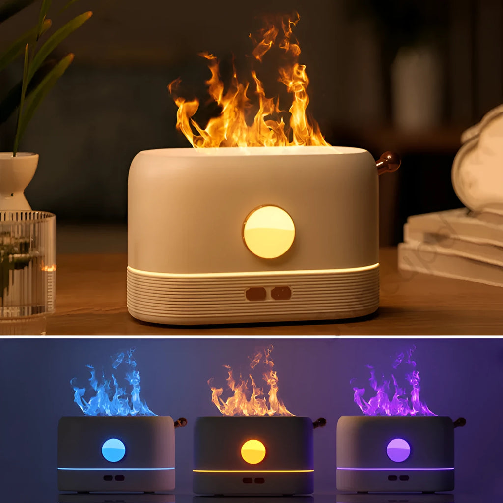 Black USB desktop humidifier diffuser with realistic simulation flame effect and 200ml water tank