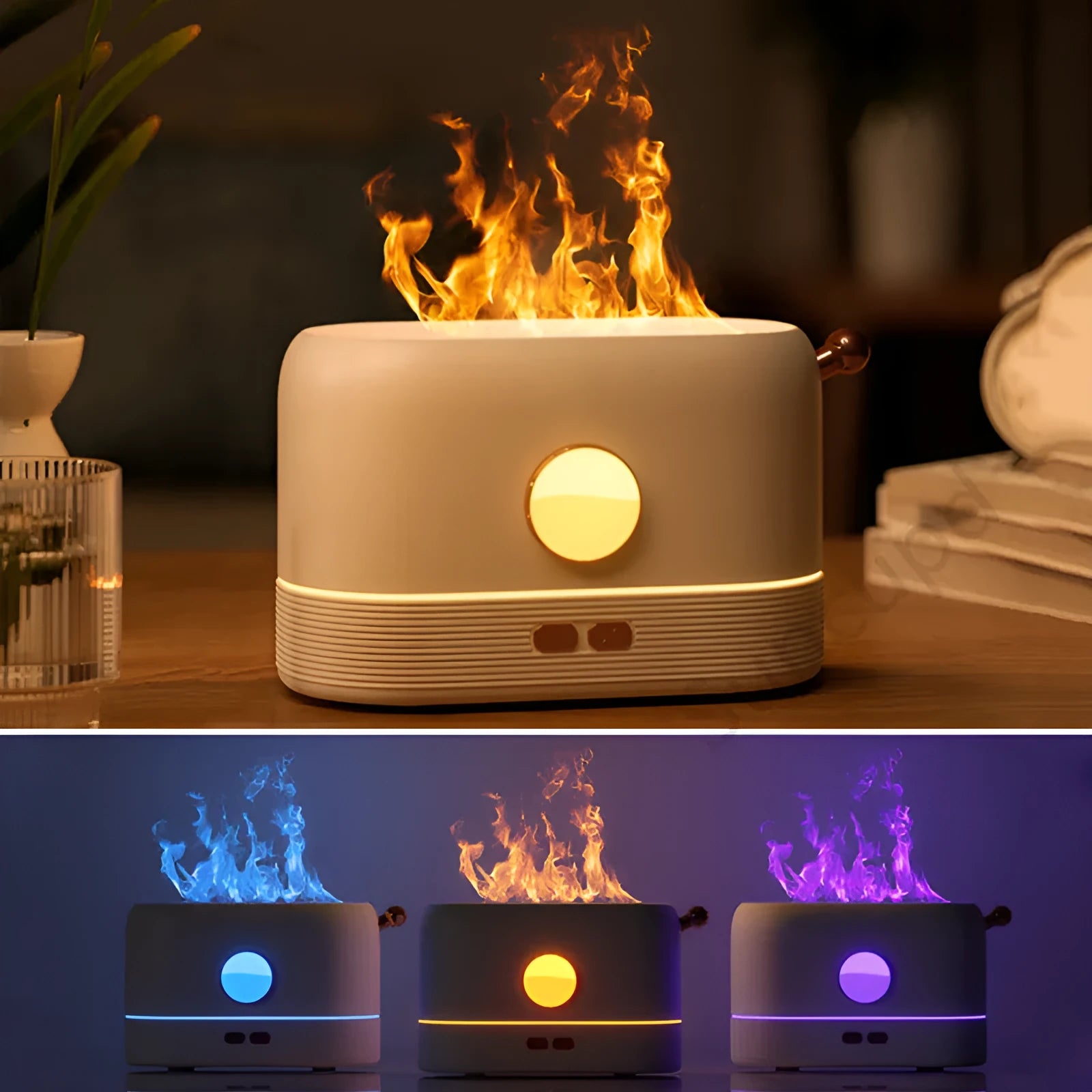 Black USB desktop humidifier diffuser with realistic simulation flame effect and 200ml water tank