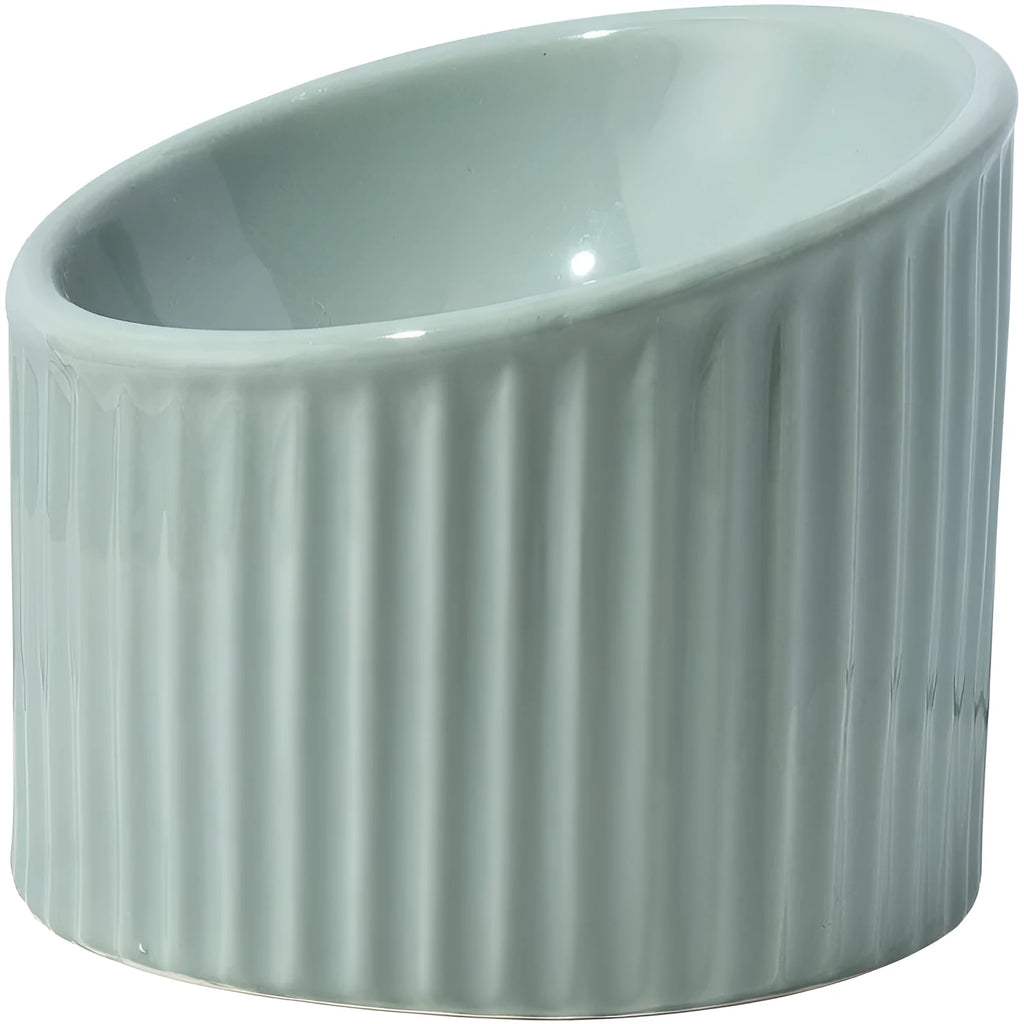 Ceramic elevated cat bowl in green or yellow with a tilted, round, whisker-friendly design.