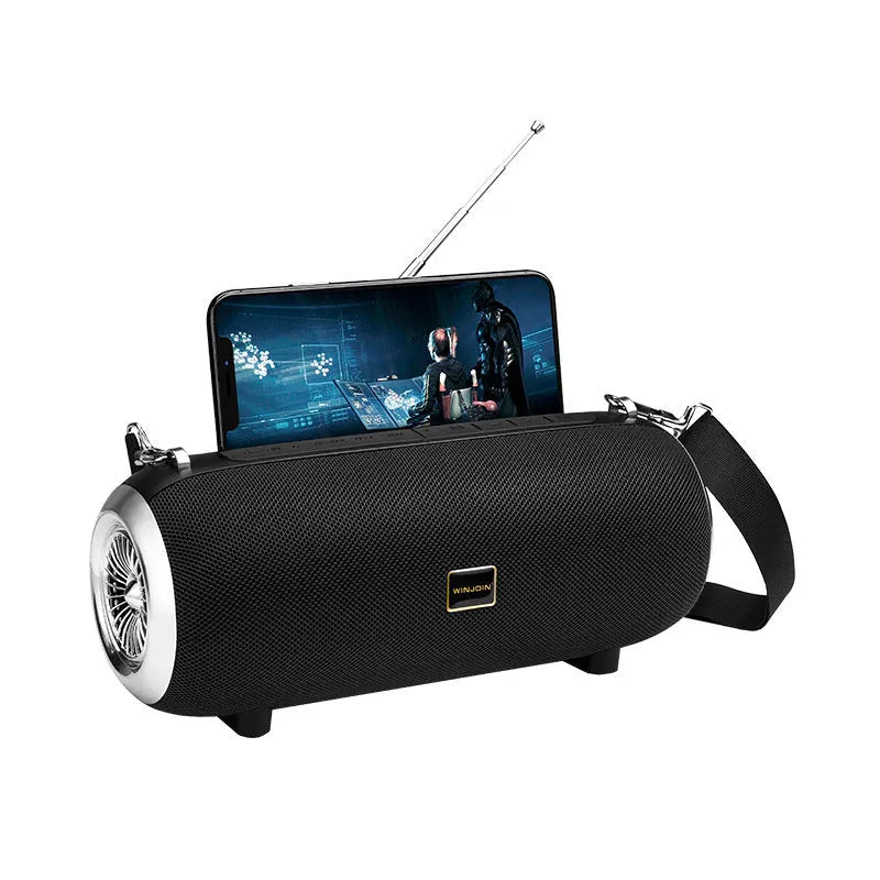 F666 mini Bluetooth speaker in square fabric design with shoulder strap and mobile phone stand