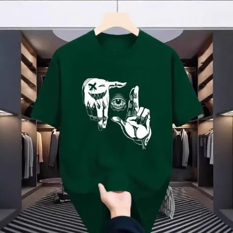 Men's mesh t-shirt with cartoon digital print showing round neck and short sleeve design