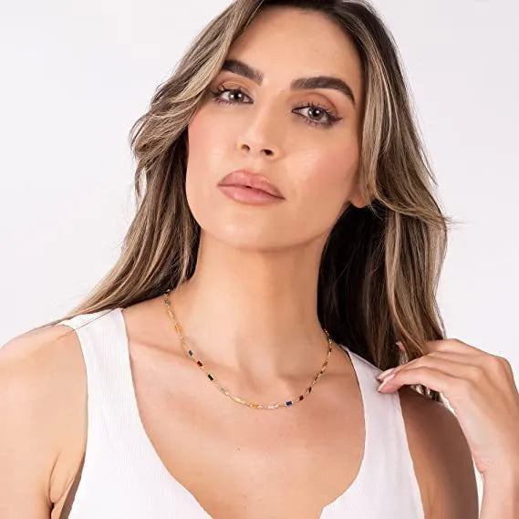 Ladies geometric crystal necklace with glass colour glaze pendant on electroplated alloy chain