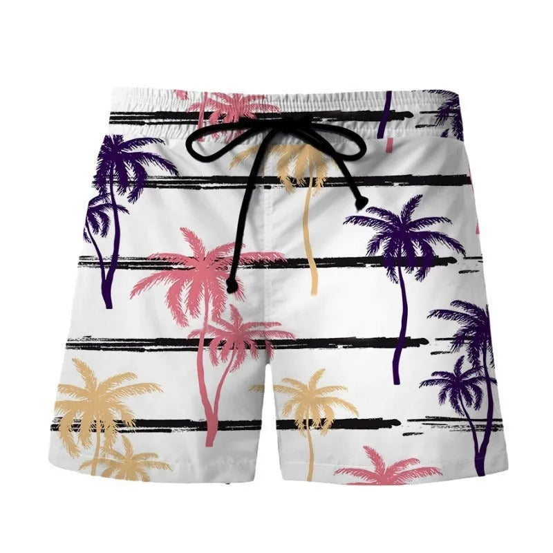 Men's 3D digital printing beach shorts with Hawaiian pattern, polyester fabric, micro-elastic waist