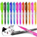 Hot erasable gel pen set showing plastic shell construction and stainless steel nib options in 0.5mm and 0.7mm sizes
