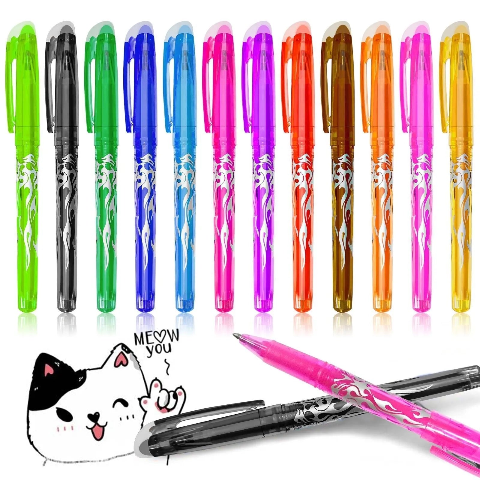 Hot erasable gel pen set showing plastic shell construction and stainless steel nib options in 0.5mm and 0.7mm sizes